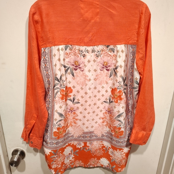 Karyn Seo Coral Linen & Floral Satin Long Sleeve Button Down Shirt Sz S Boho - Picture 3 of 7